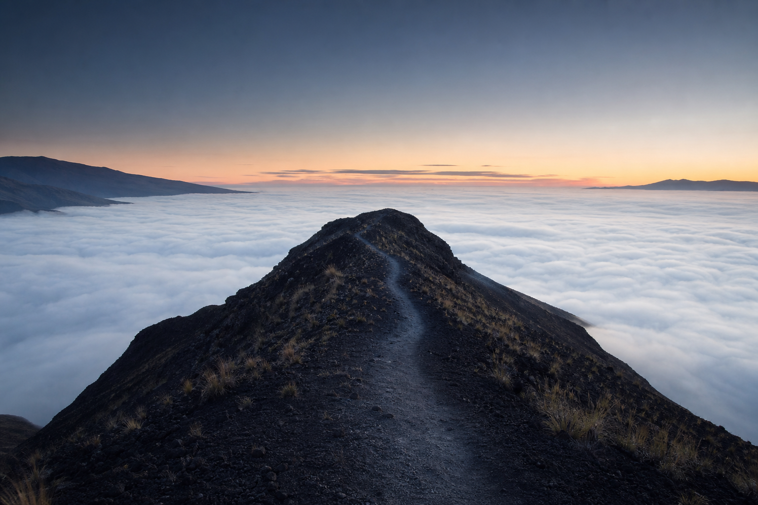 A mountain path disappearing into clouds